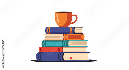 Stack of Books with Coffee Cup Illustration.
