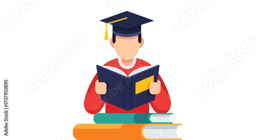 Student in graduation cap reading a book vector illustration.