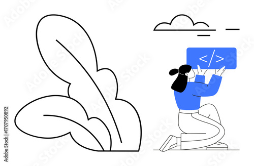 Woman kneeling holds coding panel with blue background, adjacent abstract leaf and cloud. Ideal for coding, web development, creativity, minimalism, tech education, teamwork, simple landing page