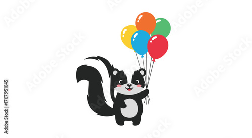 Cute Skunk Holding Balloons Cartoon Illustration.