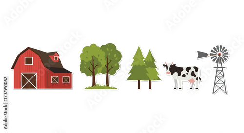 Farm Elements Barn Trees Cow Windmill Nature Scene.