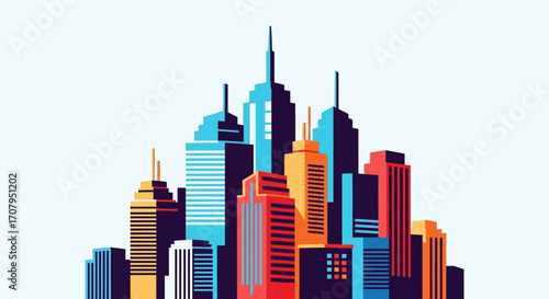 Stylized Illustration of a Colorful Urban Cityscape with Skyscrapers.