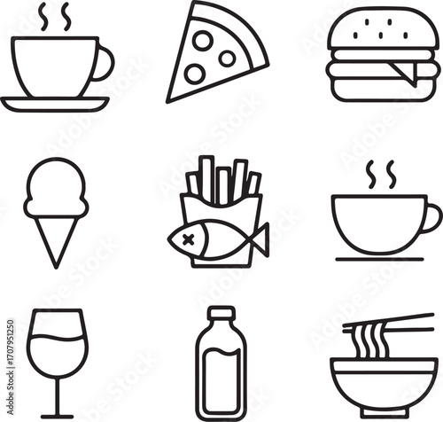 Collection of simple line art icons representing popular food and drinks