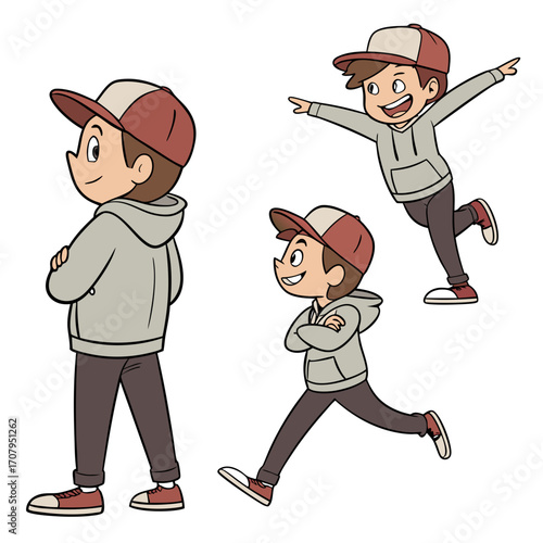 Cartoon boy in grey hoodie and cap in 3 poses, front, side and back view.