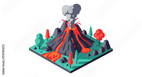 Stylized isometric volcano erupting with flowing lava and smoke.