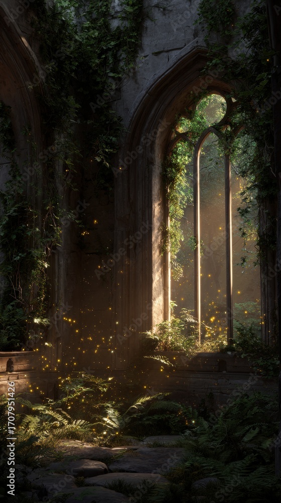 Fototapeta premium Sunlight streams through a Gothic arched window of an overgrown ruin, illuminating ferns and floating motes in a serene, mossy sanctuary.