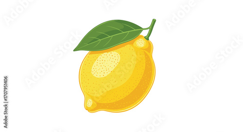 A bright yellow lemon with a green leaf attached to its stem isolated on a white background.