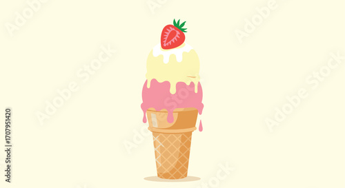 Delicious Strawberry Ice Cream Cone with Two Flavors.