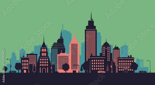 Stylized vector illustration of a modern city skyline.
