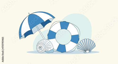 Beach Umbrella Lifebuoy Seashells Summer Vacation.