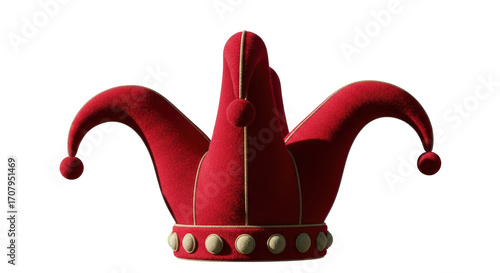 Isolated vintage red jester hat, crown with bells. A festive symbol of folly and mirth