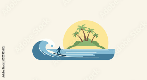 Surfer riding a large wave towards a tropical island.