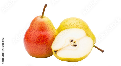 Fotografie Isolated pears ready to eat, one whole and one sliced, showing seeds in a studio
