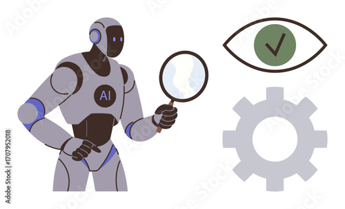 AI robot examines information using a magnifying glass alongside a gear icon and an eye with a checkmark. Ideal for technology, data analysis, machine learning, automation, artificial intelligence