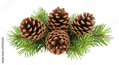 Isolated evergreen sprigs with pine cones, festive decoration for holiday, seasonal art