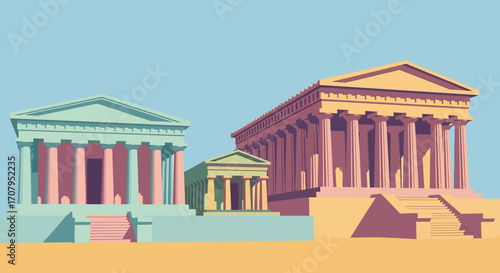 Three Ancient Greek Temples in a Row, Architectural Illustration.
