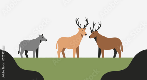 Three Deer Standing on Green Grass with Antlers.