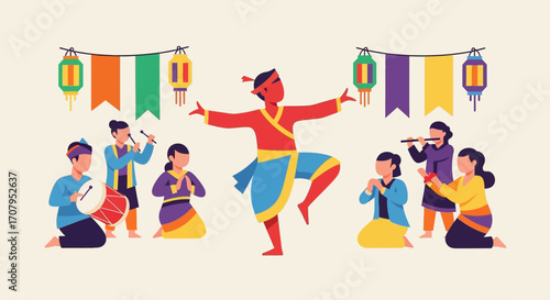 Traditional Indian Dance Performance with Musicians and Dancers.