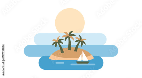 Tropical Island Paradise with Sailboat and Palm Trees.