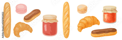 Traditional French bakery delights and sweet fruit preserves with croissants macarons eclairs baguettes
