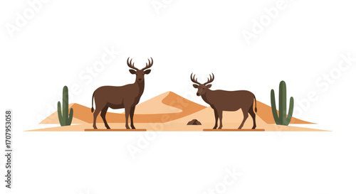 Two deer in a desert landscape, silhouetted against the sand and mountains, with desert plants in the background.
