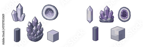 Stylized purple and grey crystal formations, geodes, and raw mineral elements in various shapes and sizes