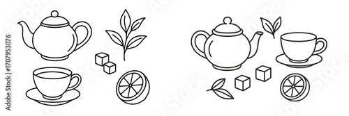 Elegant tea time elements set with classic teapot, teacup, sugar cubes, fresh lemon slice, and aromatic tea leaves for hot beverage concepts