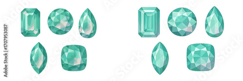 Elegant collection of faceted aquamarine gemstones in various cuts and shapes including emerald, round, pear, marquise, and cushion on white