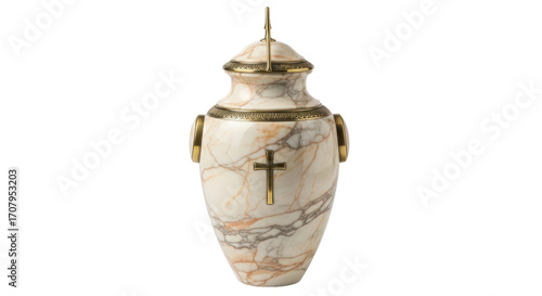 Isolated Catholic urn of marble and bronze for mortal remains, funeral cremation keepsake