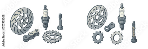 Motorcycle engine and brake system components including spark plugs, gears, chains, and brake discs