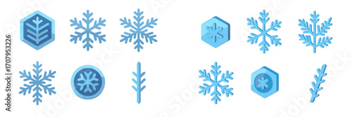 Diverse collection of blue winter ice and snowflake symbols for cold weather and seasonal design elements