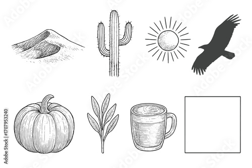 Hand-drawn desert, nature, and autumn objects featuring cactus, sun, bird, pumpkin, coffee mug, and sand dune