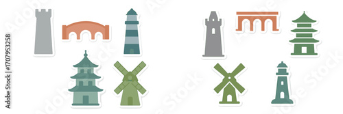 Global architectural landmarks and historical buildings set including towers, bridges, lighthouses, pagodas, and windmills