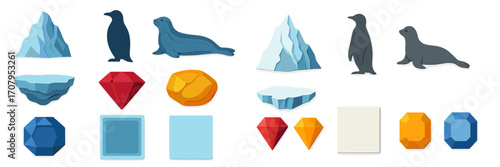 Collection of arctic animals, ice formations, and precious gemstones in a layered paper cut style with shadows
