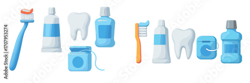 Comprehensive set of dental hygiene products including toothbrushes, toothpaste, mouthwash, dental floss, and healthy teeth for daily oral care