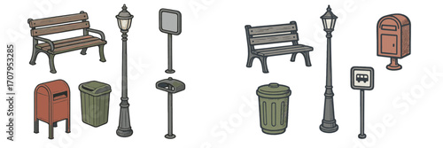 Collection of urban street furniture and public utility elements including benches, lampposts, mailboxes, and trash cans