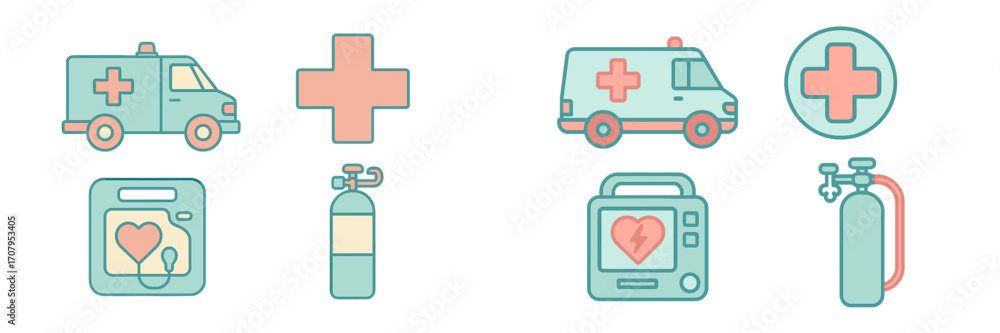 Obraz premium Essential emergency medical services equipment and first aid symbols including ambulance, defibrillator, oxygen tank, and blood bag