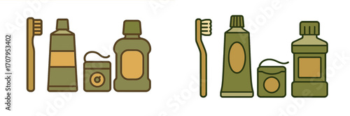 Collection of essential oral hygiene products including toothbrush, toothpaste, dental floss, and mouthwash for daily care