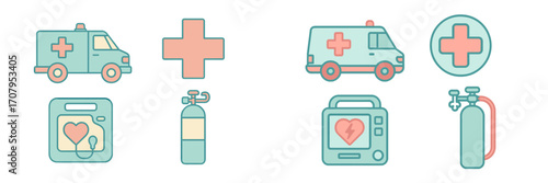Essential emergency medical services equipment and first aid symbols including ambulance, defibrillator, oxygen tank, and blood bag