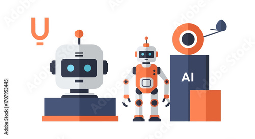 Two robots standing together, AI technology concept.