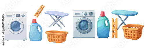Household laundry day essentials collection with washing machines detergent bottles ironing boards clothes pegs and baskets