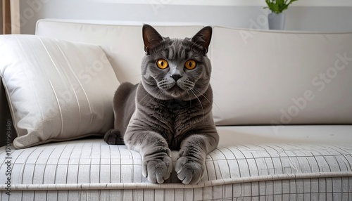 Gray cat with orange eyes lies on a white sofa with decorative pillow