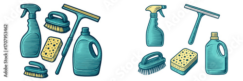 Assortment of cleaning items including spray bottle, scrubbing brush, sponge, squeegee, and detergent bottle