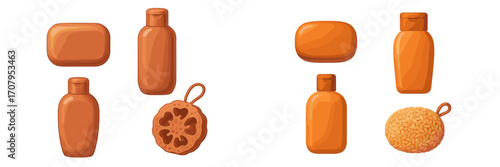 Assortment of personal hygiene products including soap bars, shampoo bottles, and bath sponges for daily care