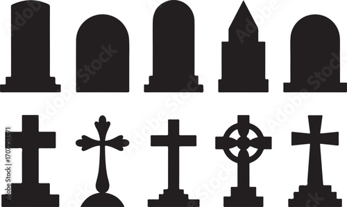 Cross religion cemetery vector illustration with christian symbols and graveyard design. Halloween icon set