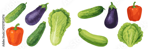 Colorful assortment of fresh garden vegetables including crisp cucumber, purple eggplant, red bell pepper, green zucchini, and leafy lettuce