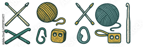 Handicraft supplies including knitting needles, crochet hooks, vibrant yarn balls, and essential accessories for creative textile projects