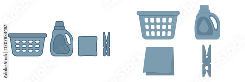 Essential laundry items including basket, detergent, clothespin, and folded towel for household chores and washing clothes