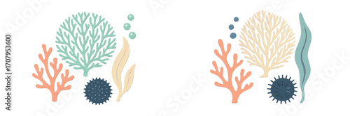 Vibrant stylized marine life elements featuring corals, algae, and sea urchins in a modern paper cut style