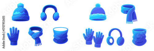 Blue winter clothing accessories set including hats, scarves, gloves, and earmuffs for cold weather